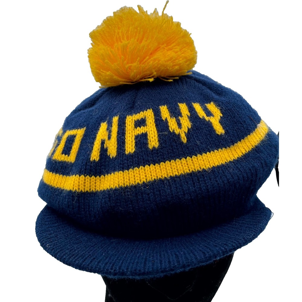 VTG Go Navy Mens One Size Pom Beanie Blue Yellow Knit Stretch Made in USA